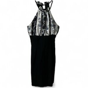 Y2K GLAM Halter Mini Dress Womens S Gray Stripe Black Floral 2000s Vintage